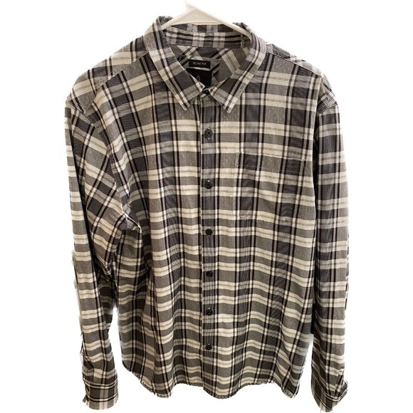 Prana Shirt Mens Large Gray Plaid Slim Fit Long Sleeve Button Front Polyester - Picture 1 of 9
